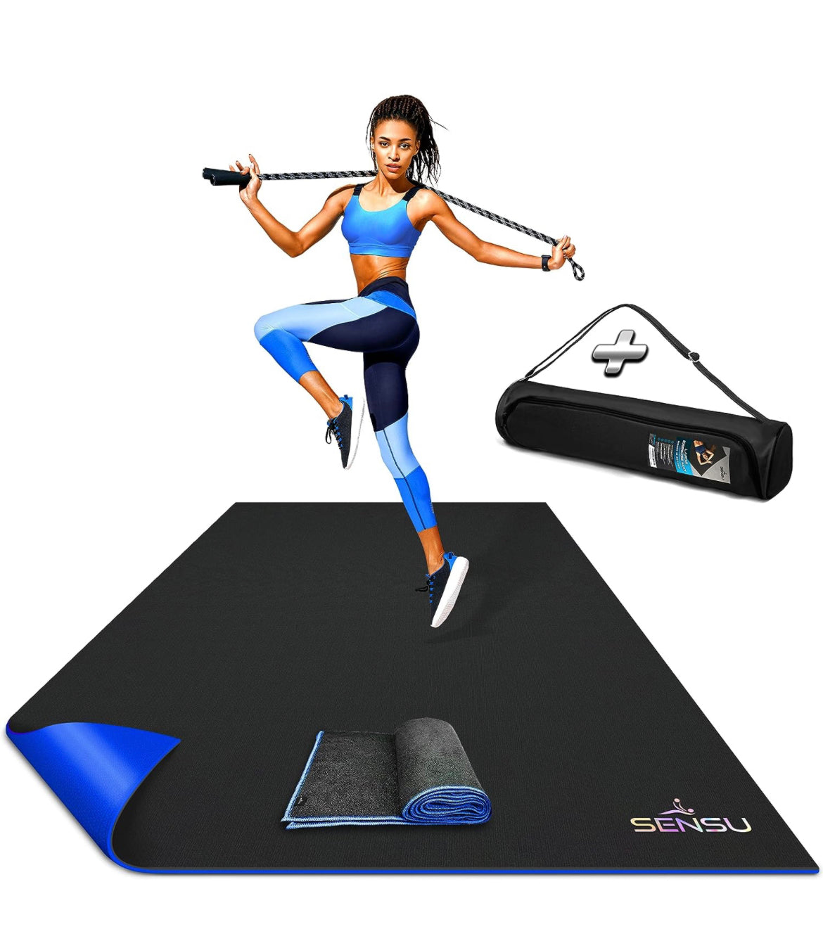 Sensu Large Exercise Mat – 7’ x 5’ x 8.5mm Extra Thick Workout Mats for Home Gym Flooring - Perfect for Jump Rope, Weights, Cardio and Fitness– Durable High Density Non-Slip Workout Mat- Shoe Friendly