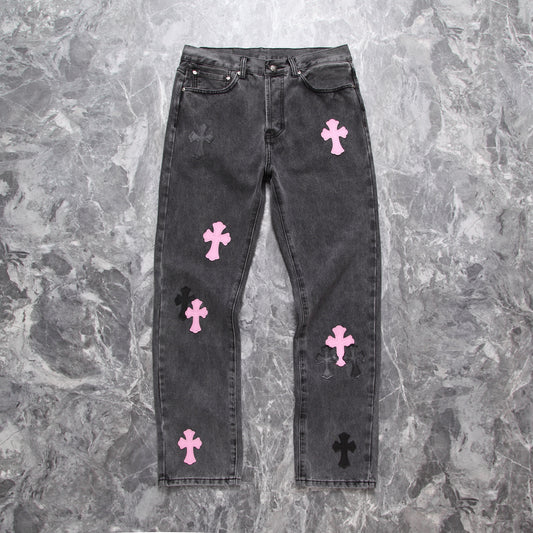 Chrome hearts pink cross patch jeans