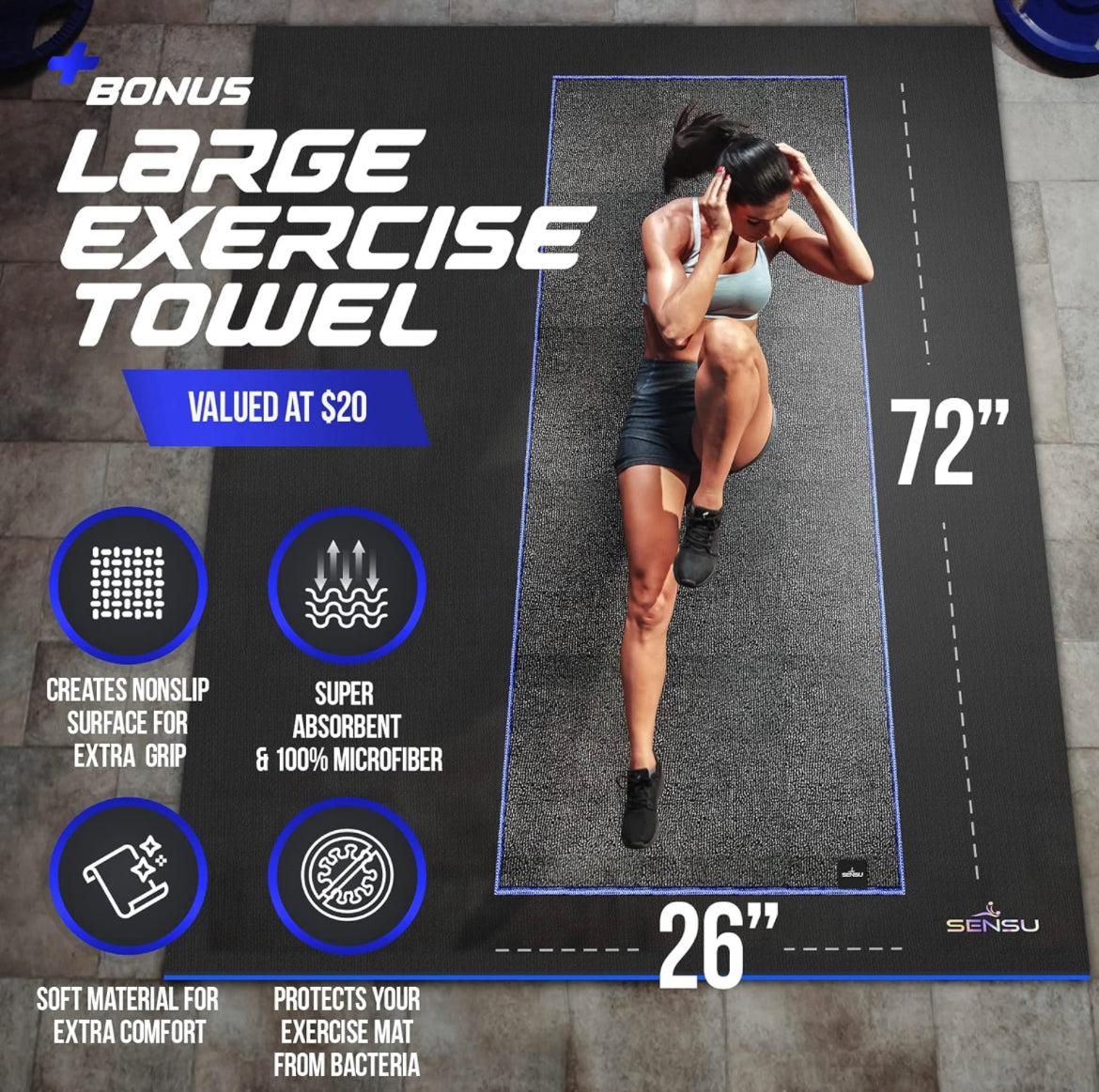Sensu Large Exercise Mat – 7’ x 5’ x 8.5mm Extra Thick Workout Mats for Home Gym Flooring - Perfect for Jump Rope, Weights, Cardio and Fitness– Durable High Density Non-Slip Workout Mat- Shoe Friendly