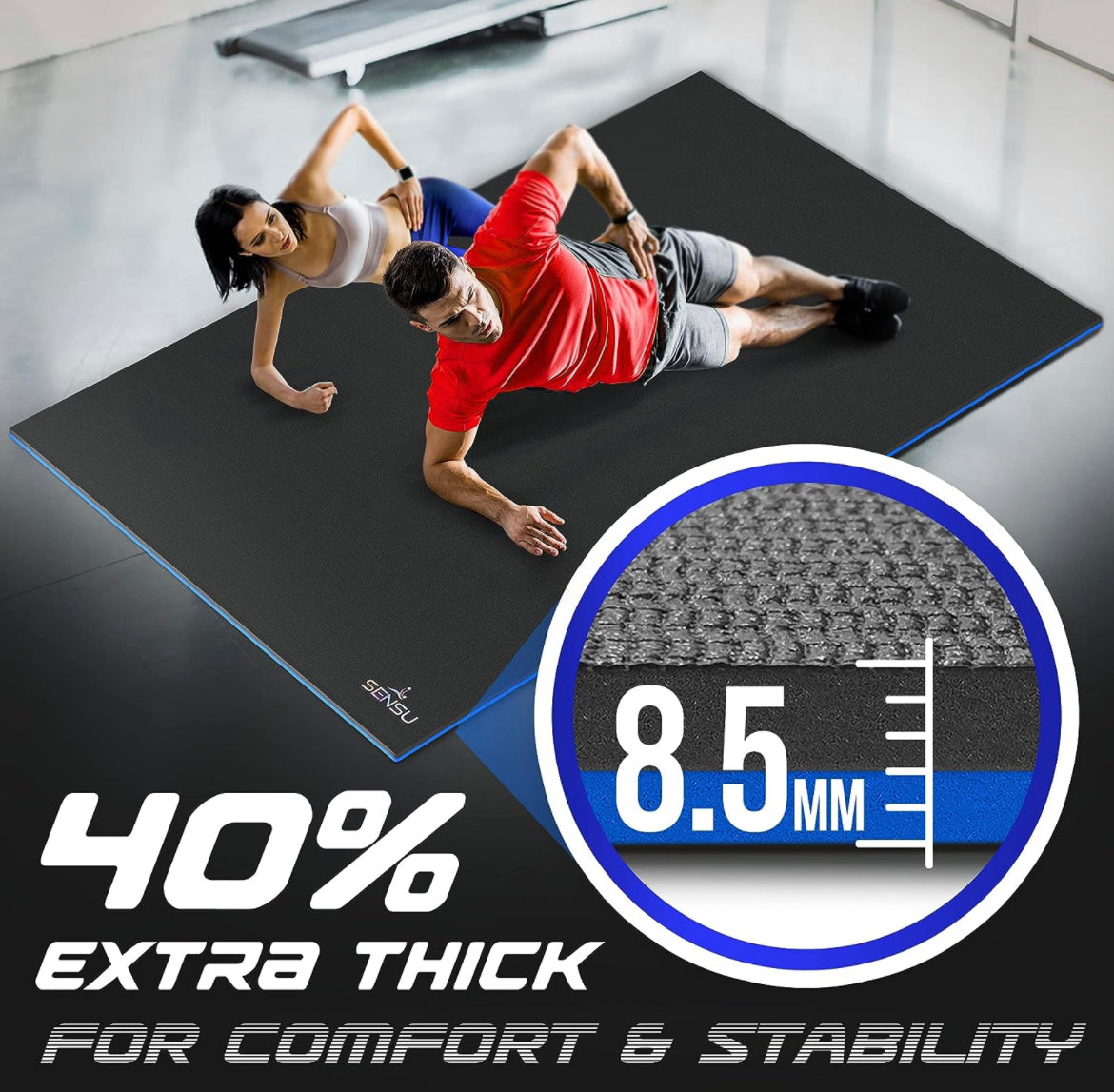 Sensu Large Exercise Mat – 7’ x 5’ x 8.5mm Extra Thick Workout Mats for Home Gym Flooring - Perfect for Jump Rope, Weights, Cardio and Fitness– Durable High Density Non-Slip Workout Mat- Shoe Friendly