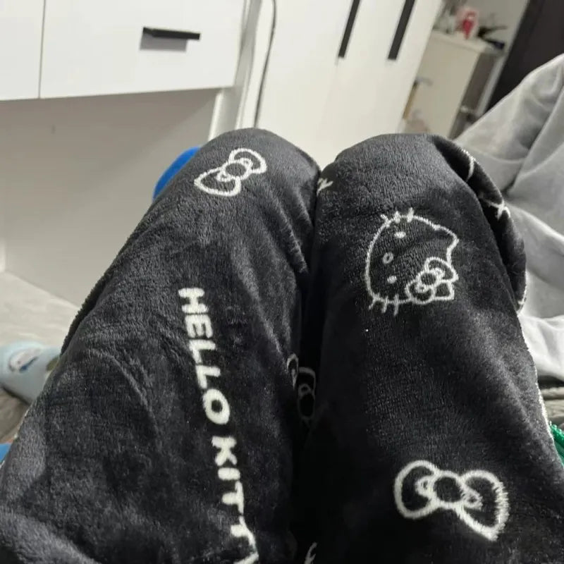 Kawaii Sanrio Anime Cartoon Hello Kitty Coral Fleece Pajama Pants Soft Trousers Women Casual Home Trousers Birthday Gift
