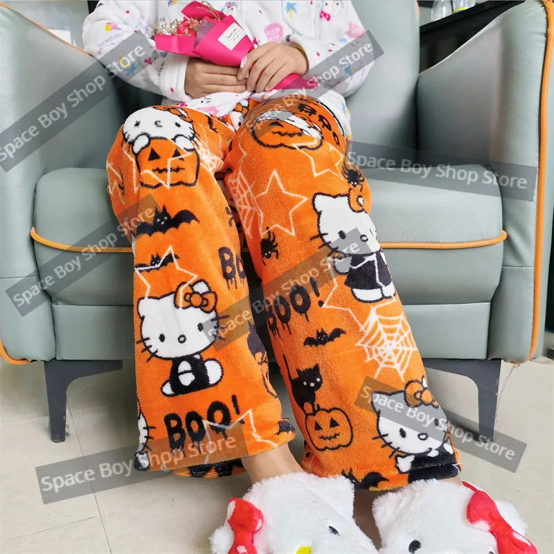 Kawaii Sanrio Anime Cartoon Hello Kitty Coral Fleece Pajama Pants Soft Trousers Women Casual Home Trousers Birthday Gift