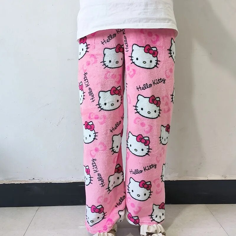 Kawaii Sanrio Anime Cartoon Hello Kitty Coral Fleece Pajama Pants Soft Trousers Women Casual Home Trousers Birthday Gift